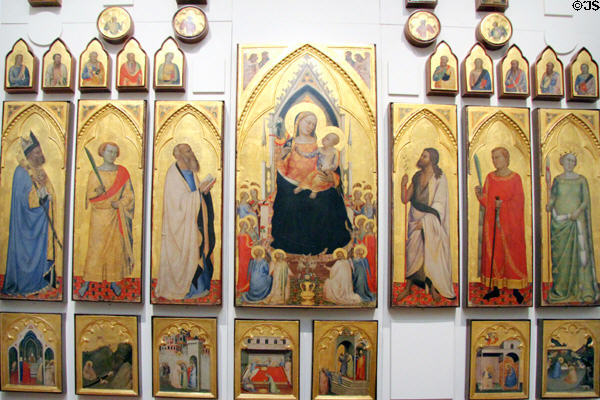 Madonna & Child Enthroned with St Zenobius, St Nereus, St John the Baptist, St John the Evangelist, St Achilleus, & St Reparata painting (c1335) by Bernardo Daddi at Uffizi Gallery. Florence, Italy.