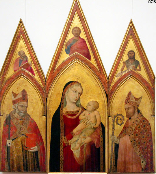 Madonna & Child with St Nicholas, & St Proculus painting (1332) by Ambrogio Lorenzetti at Uffizi Gallery. Florence, Italy.