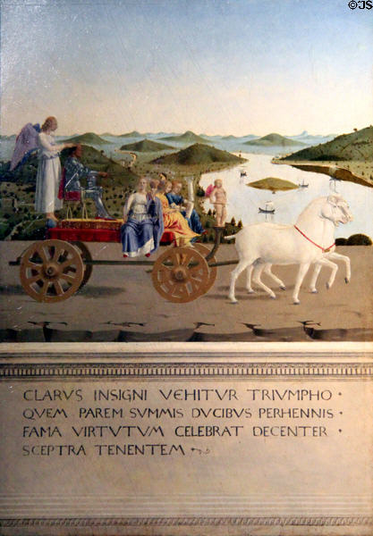 Allegory of triumphs of the Duke painting on back of Duke of Urbino portrait (1472-75) by Piero della Francesca at Uffizi Gallery. Florence, Italy.