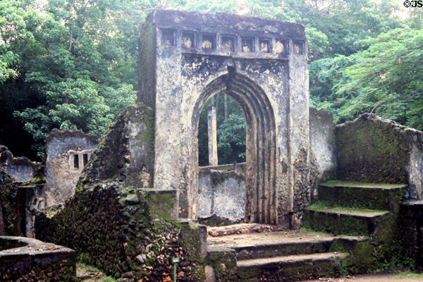 Stone ruins of a long abandoned Arab settlement now Gedi National Park. Kenya.