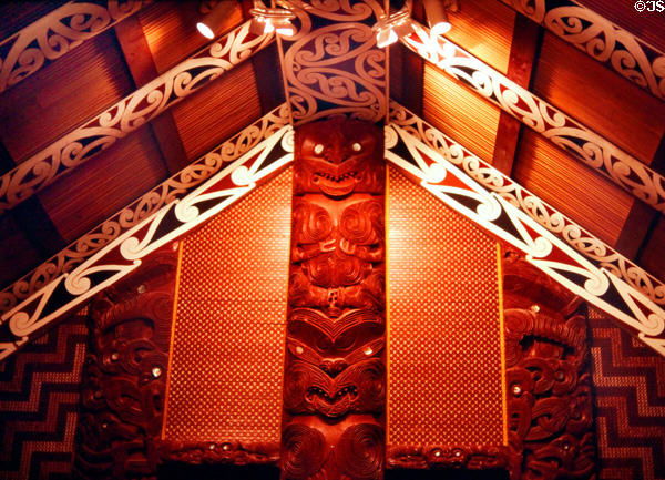 Maori carvings in meeting House at Crafts Institute in Rotorua which keeps Maori culture alive. New Zealand.