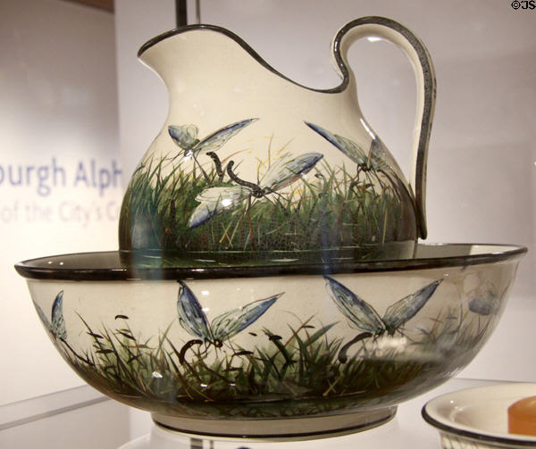 Wemyss ware earthenware dragonfly washbasin & pitcher (c1890) by Fife Pottery of Gallatown at Edinburgh City Art Centre. Edinburgh, Scotland.