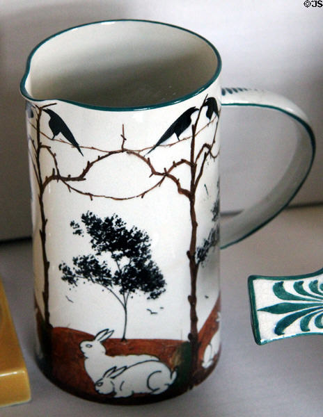 Earthenware Earlshall jug with rabbits marked Wemyss (after 1914) by Fife Pottery at Museum of Edinburgh. Edinburgh, Scotland.