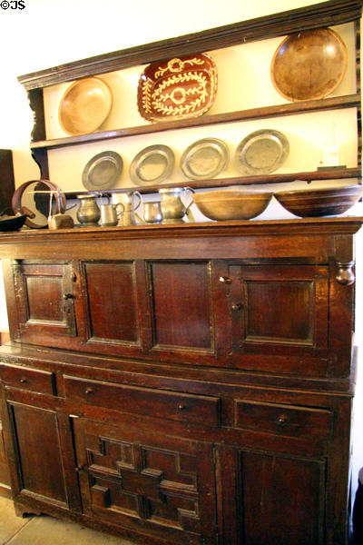 Sideboard with pewter, wood & redware at Gladstone's Land tenement house. Edinburgh, Scotland.