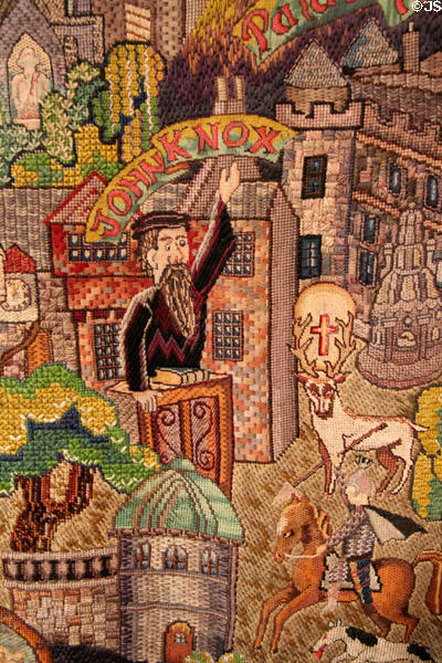 Detail of Edinburgh Tapestry (c1938-9) by John R Chart, Louisa M. Chart & Katherine Chart at People's Story Museum. Edinburgh, Scotland.