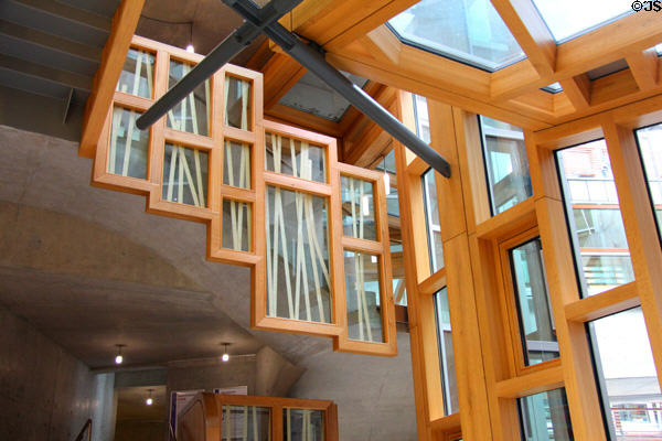 Windows with stylized staves at Scottish Parliament. Edinburgh, Scotland.