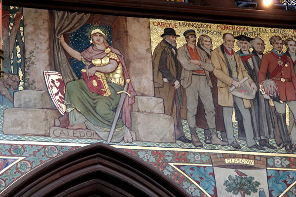 Detail of Carlyle, Livingston, et al on frieze by William Hole in main hall at National Portrait Gallery of Scotland. Edinburgh, Scotland.