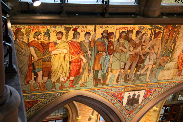 Detail of stone age through Roman Scotland on frieze by William Hole in main hall at National Portrait Gallery of Scotland. Edinburgh, Scotland.