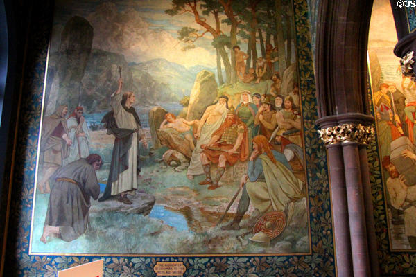 Mission of St Columba to Picts (563-597) mural on balcony of main hall at National Portrait Gallery of Scotland. Edinburgh, Scotland.