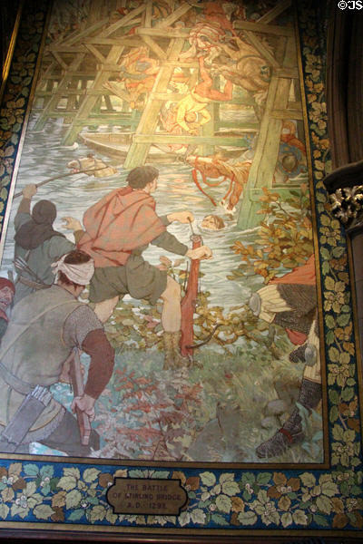 Battle of Stirling Bridge (1297) mural on balcony of main hall at National Portrait Gallery of Scotland. Edinburgh, Scotland.