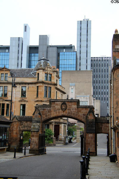 Gate between oldest & newest buildings at University of Glasgow. Glasgow, Scotland.