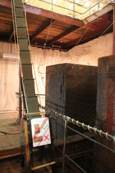 Conveyor belt for lifting cargo bags to deck of Glenlee Tall Ship. Glasgow, Scotland.