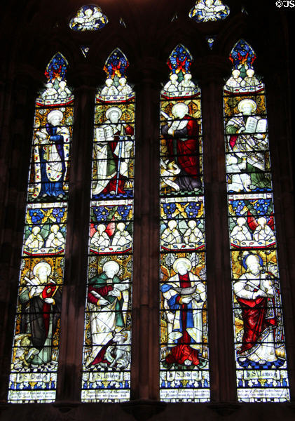 Stained glass windows with apostles & evangelists at Dunblane Cathedral. Dunblane, Scotland.