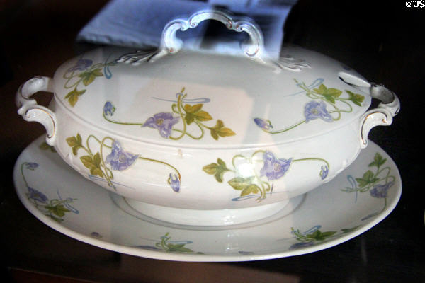 Covered Art Nouveau serving dish in floral pattern in kitchen at Lauriston Castle. Edinburgh, Scotland.