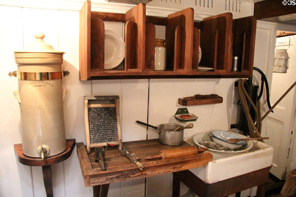 Galley with filtered water urn aboard RRS Discovery. Dundee, Scotland.