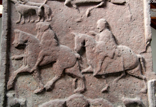 Pictish cross-slab (back of #2) with detail of mounted warriors at Meigle Sculptured Stone Museum. Meigle, Scotland.