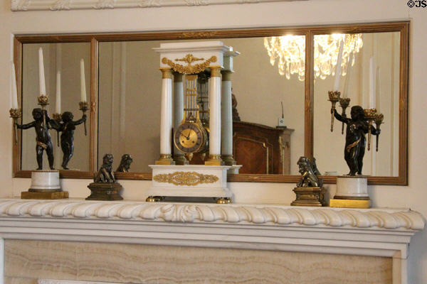 French Empire clock (early 1800s) on drawing room mantelpiece at Hill of Tarvit Mansion. Cupar, Scotland.