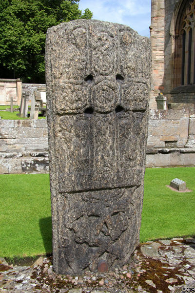 Pictish stone with cross at Elgin Cathedral. Elgin, Scotland.