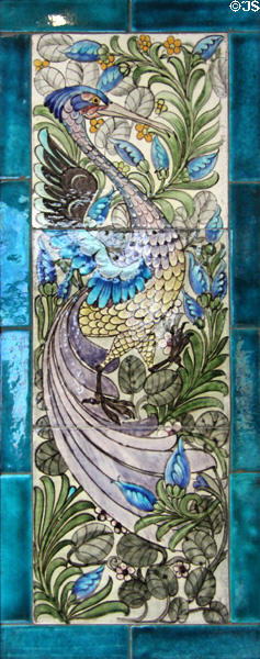 Fantastic bird hand-painted tile panel (1888-97) by William De Morgan at Jackfield Tile Museum. Ironbridge, England.