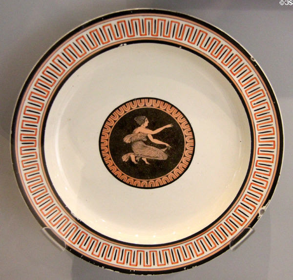 Queen's Ware Etruscan pattern red & black transfer-printed plate (c1790) by Wedgwood at World of Wedgwood. Barlaston, Stoke, England.