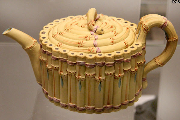 Wedgwood Caneware teapot (1780-85) designed to look like Chinese bamboo at World of Wedgwood. Barlaston, Stoke, England.