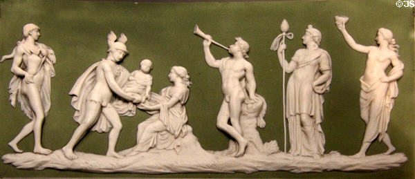 Wedgwood green jasper plaque depicting Birth of Bacchus (c1776) by William Hackwood at World of Wedgwood. Barlaston, Stoke, England.