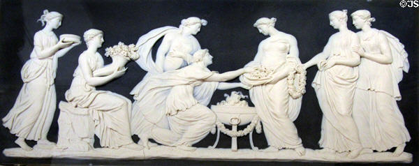 Wedgwood blue jasper plaque depicting Offering to Flora (c1778) attrib. William Hackwood at World of Wedgwood. Barlaston, Stoke, England.