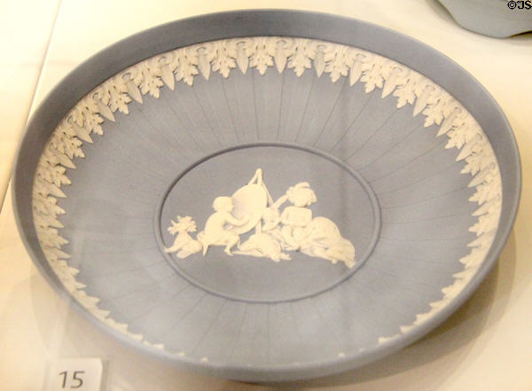 Wedgwood blue saucer-dish for tea kettle depicting Infant Academy (1785-90) by William Hackwood after design by Sir Joshua Reynolds at World of Wedgwood. Barlaston, Stoke, England.