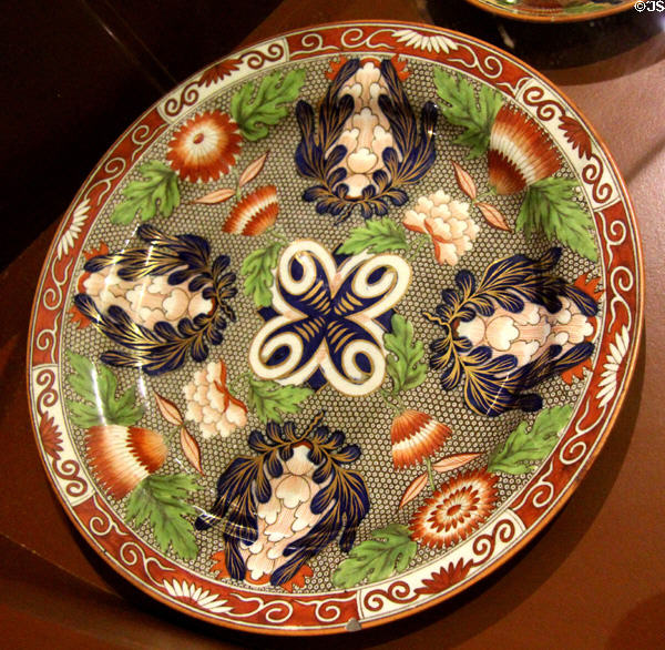 Wedgwood creamware dessert plate printed & painted with Imari Chrysanthemum pattern (c1810-20) at World of Wedgwood. Barlaston, Stoke, England.