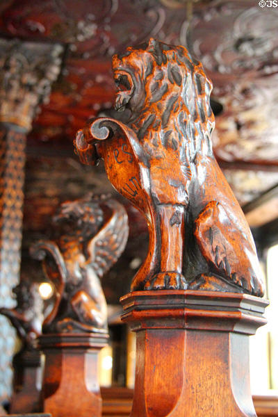 Lion carvings on snug partitions at Crown Liquor Saloon. Belfast, Northern Ireland.