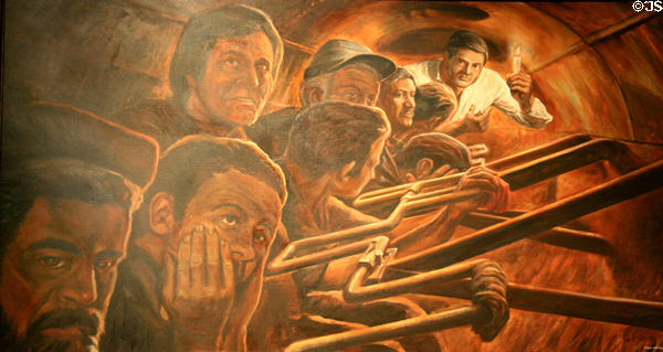 Painting of interior of Confederate Civil War submarine H.L Hunley at Mobile Museum. Mobile, AL.