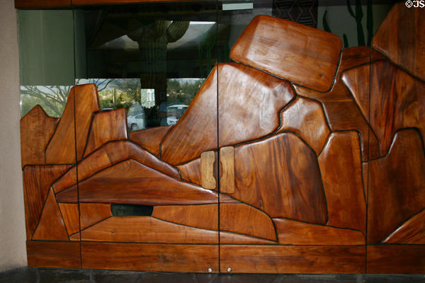 Boulders Resort abstract wooden front door. Scottsdale, AZ.