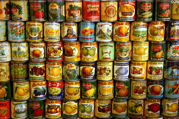 Colorful labels of California fruit products at Gold Rush History Center. Sacramento, CA.
