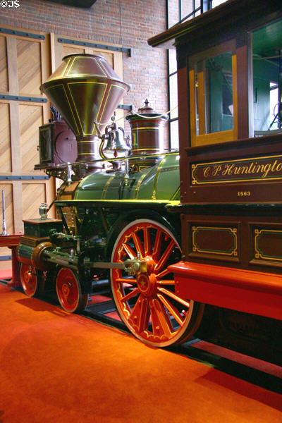 Southern Pacific Railroad locomotive #1 "C.P. Huntington" (1863) at California State Railroad Museum was originally used by Central Pacific & displayed at Panama Pacific Exposition in 1914. Sacramento, CA.
