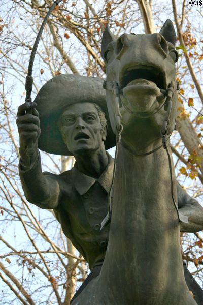 Pony Express monument portrays record setting rider Sam Hamilton in Old Sacramento. Sacramento, CA.