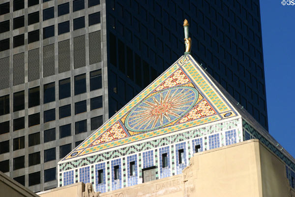 Tiled pyramid atop Los Angeles Public Library (1922-6) (5th at Flower Streets). Los Angeles, CA. Architect: Bertram Grosvenor Goodhue & Carleton M. Winslow. On National Register.