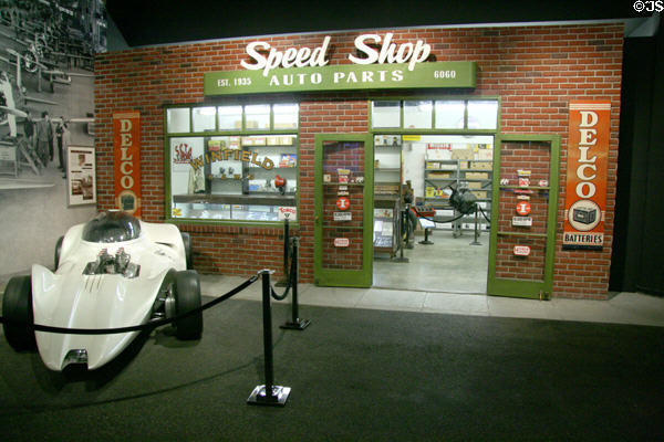 Speed shop display at Petersen Automotive Museum. Los Angeles, CA.