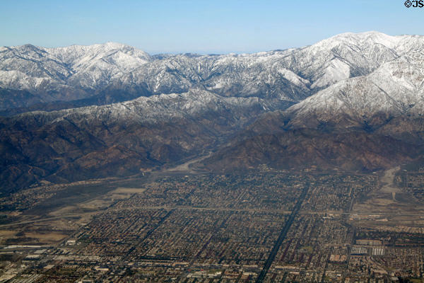 Aerial view of Mount Baldy in San Gabriel Mountains above San Antonio Heights, CA.