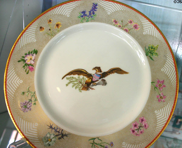 Dinner plate from White House china of Lyndon Johnson which featured the official wildflowers of all states by Castleton China of New Castle, PA, at Nixon Library. Yorba Linda, CA.