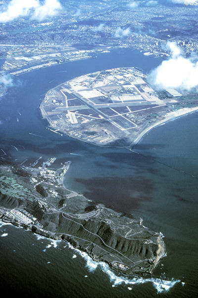 Aerial view of Point Loma & North Island NAS/Halsey Field Military Airport. San Diego, CA.
