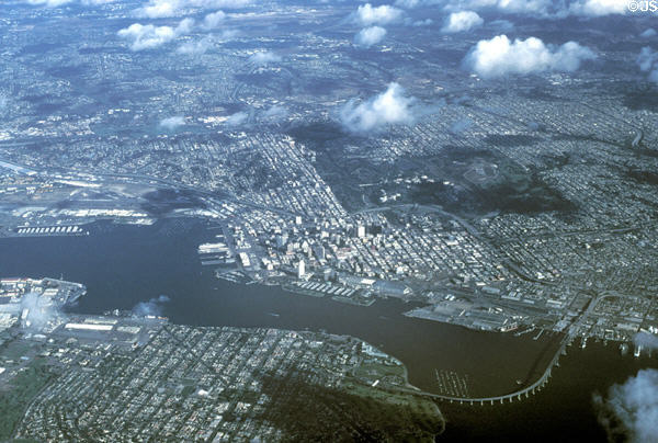Aerial view of San Diego Bay & downtown San Diego. San Diego, CA.
