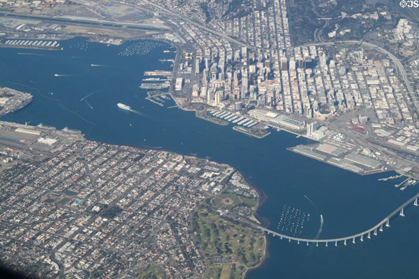 Coronado Island, Coronado Bridge & Downtown San Diego from air. San Diego, CA.