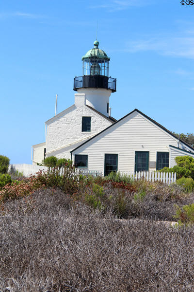 Old Point Loma Lighthouse & out building at Cabrillo National Monument. San Diego, CA.