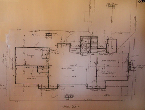 Blueprint of Marston House attic by William Stirling Hebbard & Irving Gill. San Diego, CA.