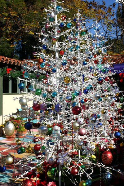 White Christmas trees in Balboa Park Spanish Village. San Diego, CA.