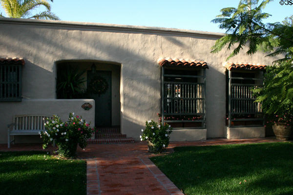 Pearl Baker row house (1926) (6122 Paseo Delicias). Rancho Santa Fe, CA. Style: Mission revival. Architect: C.M. Paddock. On National Register.