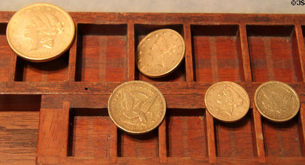 Gold coins (1850s) in Wells Fargo History Museum in Old Town. San Diego, CA.