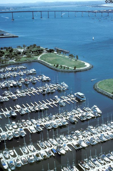 Marina from above with Coronado Bridge on horizon. San Diego, CA.