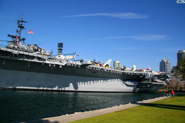 Midway aircraft carrier with deck full of vintage aircraft. San Diego, CA.