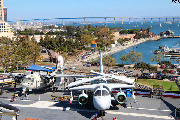 Coronado Bridge over Midway aircraft carrier & aircraft. San Diego, CA.